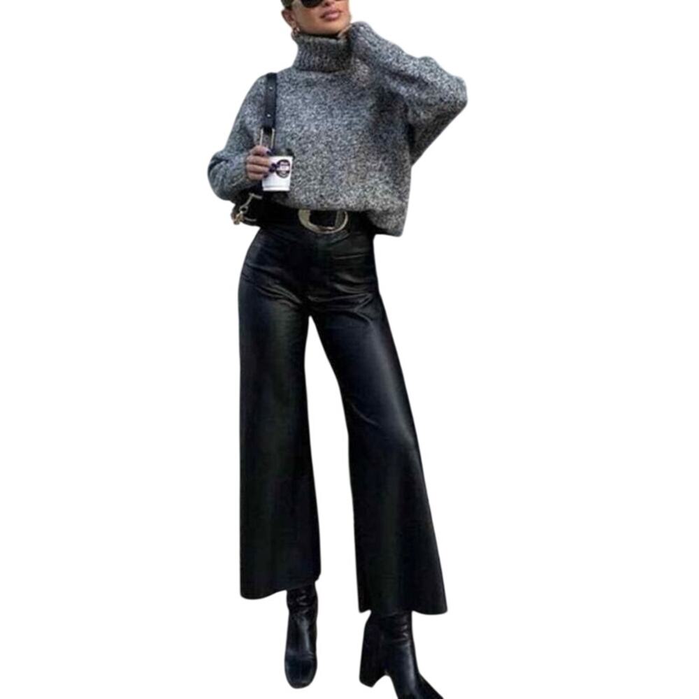 ZARA black Faux Leather High Rise Wide Leg Cropped Marine Pants Sz 2